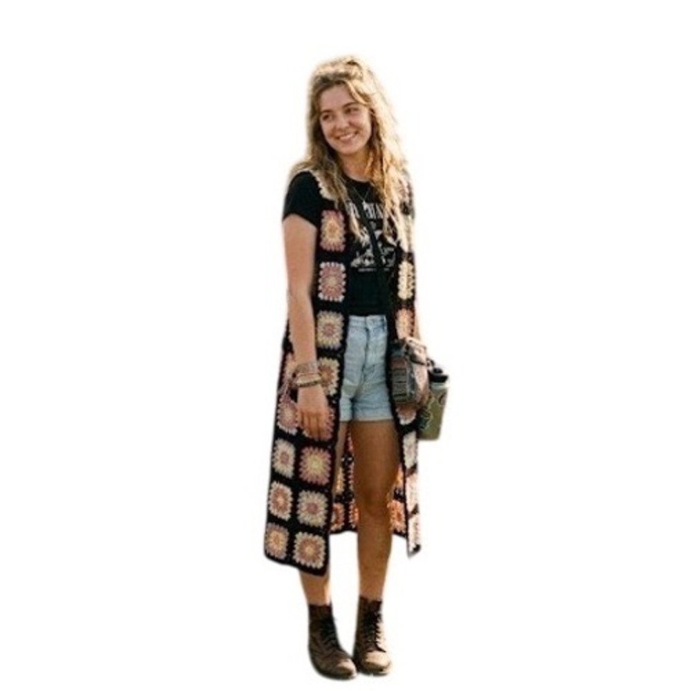 Forever 21 Granny Square Crochet Longline Vest Black Multicolor Boho‎ Duster L